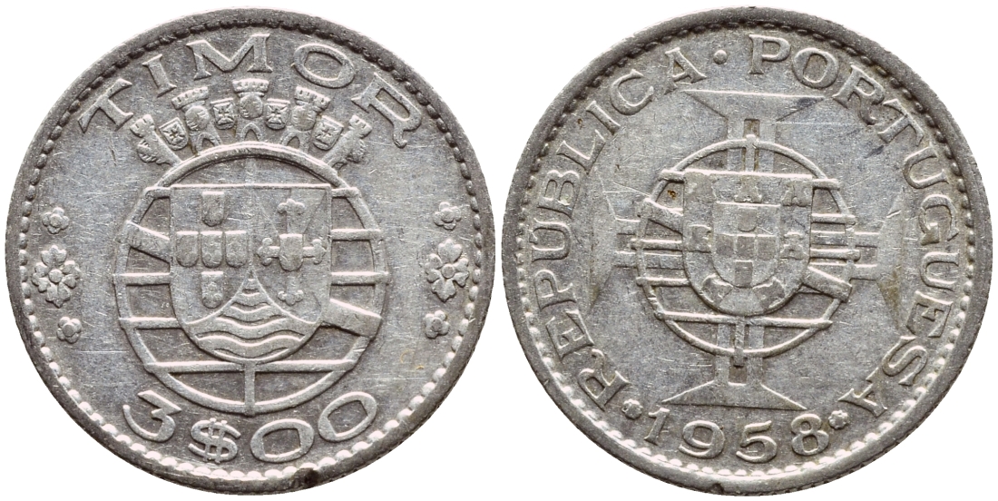 Португальский Тимор 3 эскудо 1958 год тип KM 14 серебро aUNC 80-752