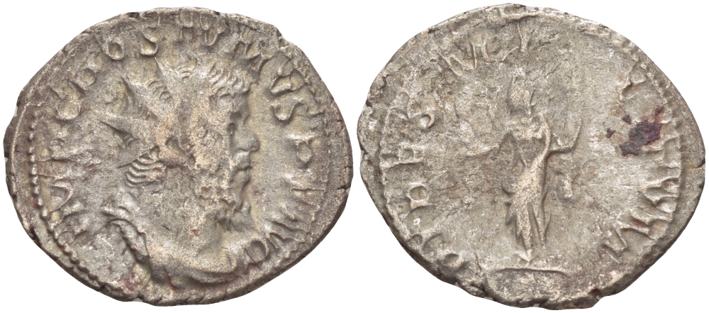 Римская Империя (императоры в Галлии) антониниан 260 - 269 Постум. IMP C POSTVMVS P F AVG / FIDES MILITVM, Фидея, персонификация Верности, с боевыми штандартами, Колония Агриппины, Very fine RIC 59 биллон 1073-12-55