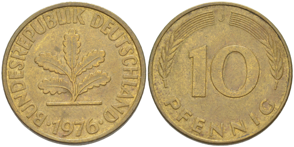 ФРГ 10 ПФЕННИГОВ 1976 J KM 108, J. 383 сталь плакированная латунью 4182-847