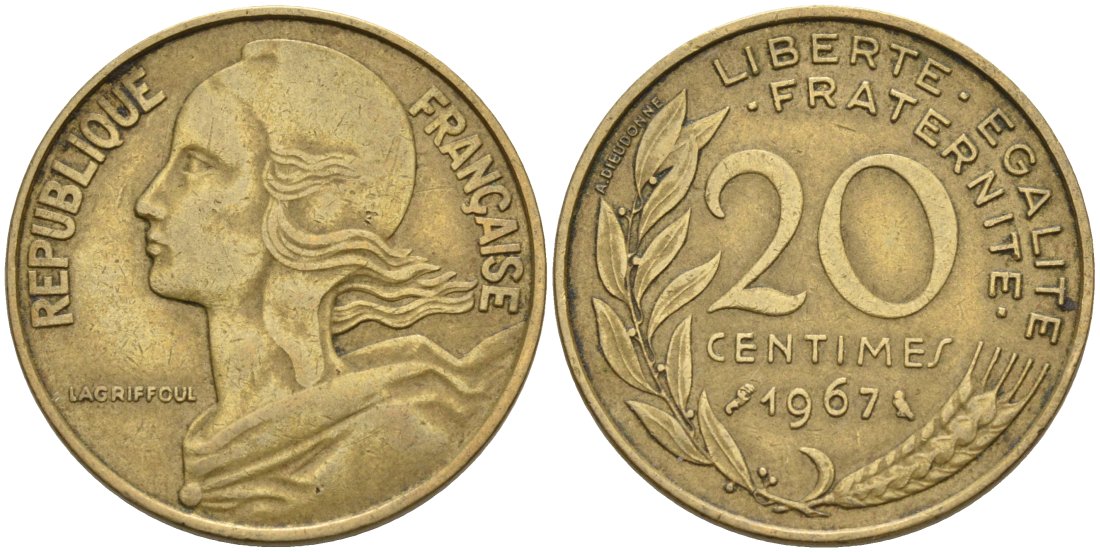 ФРАНЦИЯ 20 САНТИМОВ 1967 ТИП MARIANNE KM 930, LE FRANC 156.7 медь алюминий никель 4573-1037