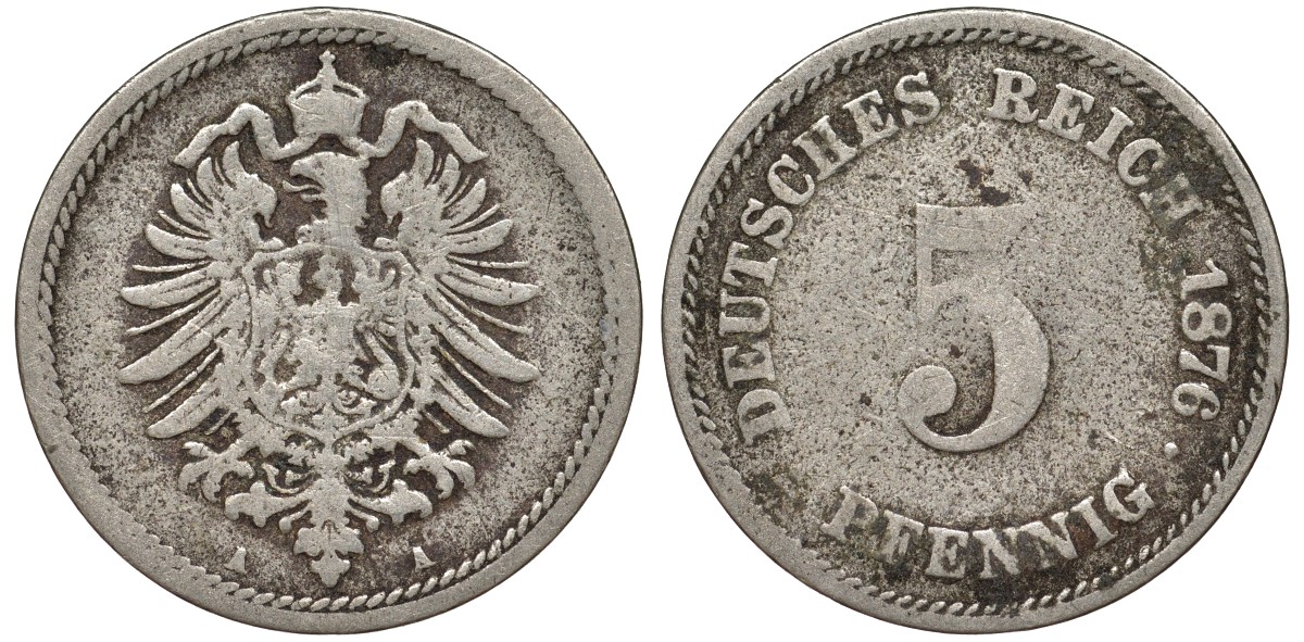 Германия 5 пфеннигов 1876 A, старогербовка KM 3, J. 3 медно-никель 51-3325