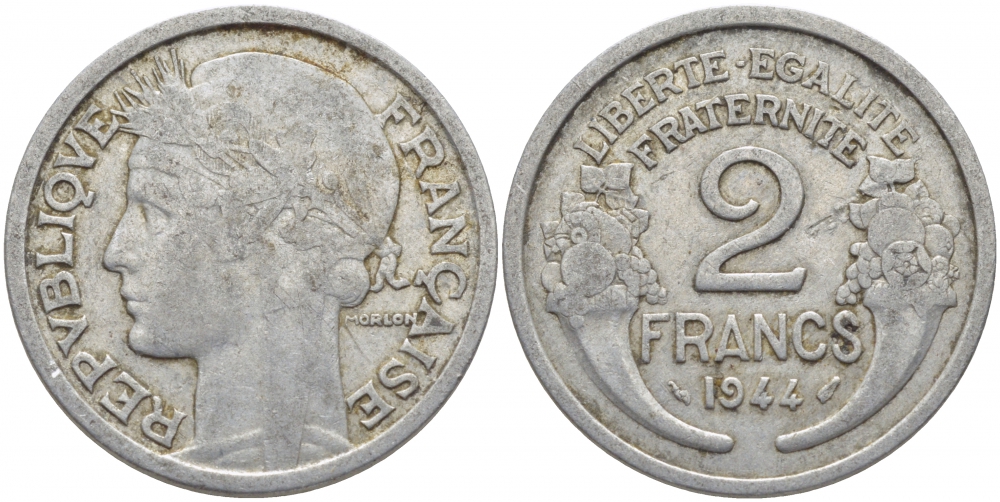 ФРАНЦИЯ 2 ФРАНКА 1944 KM 886а.1 алюминий 114-745
