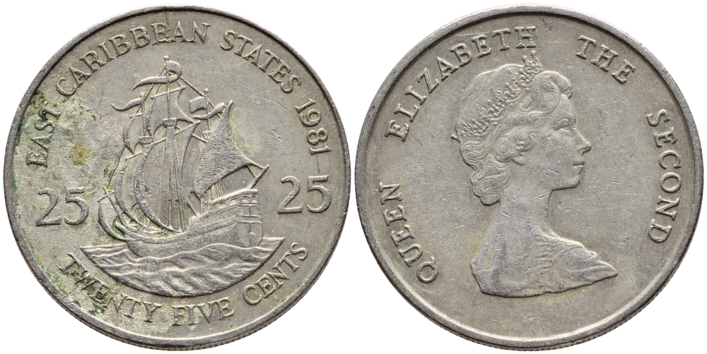 Восточно-Карибские штаты 25 центов 1981 Елизавета II (1952-2022), парусник KM 14 медно-никель 87-731