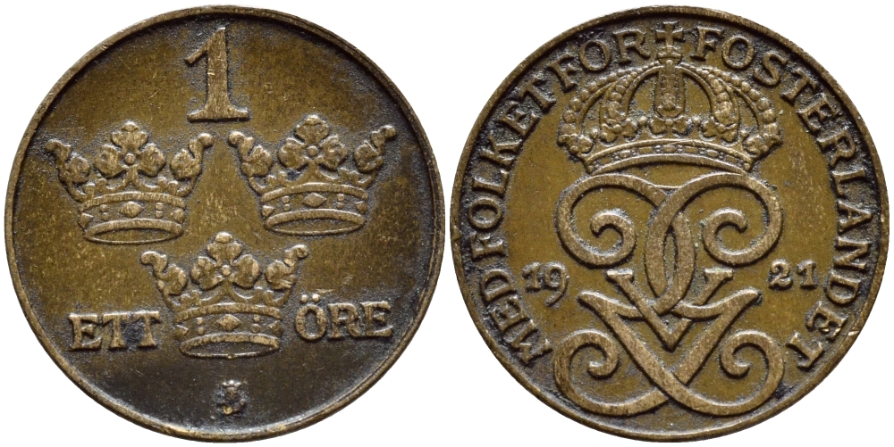 Швеция 1 эре 1921 Густав V (1907-1950) KM 777.2 бронза 4396-167