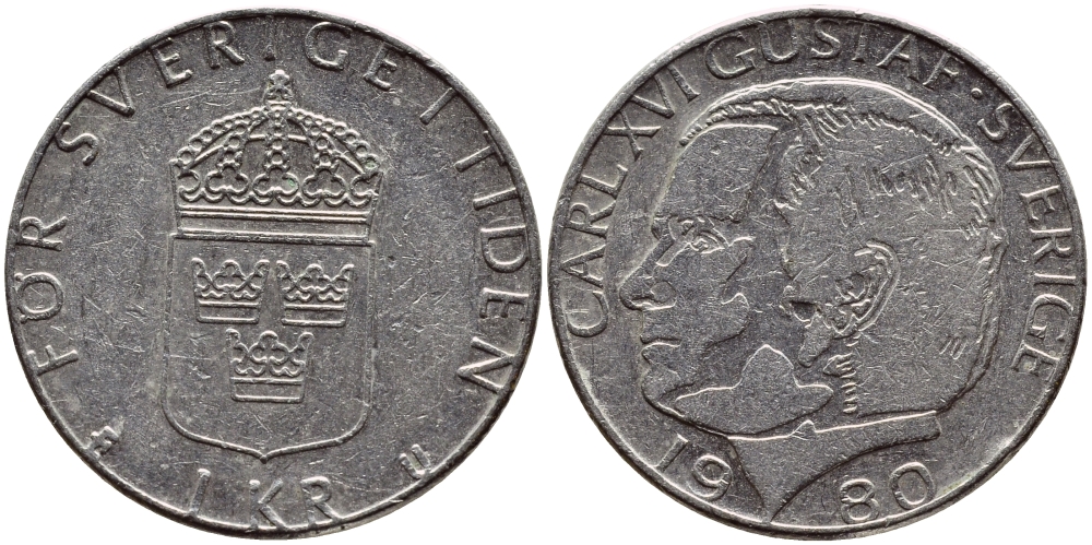 Швеция 1 крона 1980 Карл XVI Густав (1973- ) KM 852 медь плакированная медно-никелем 4397-941