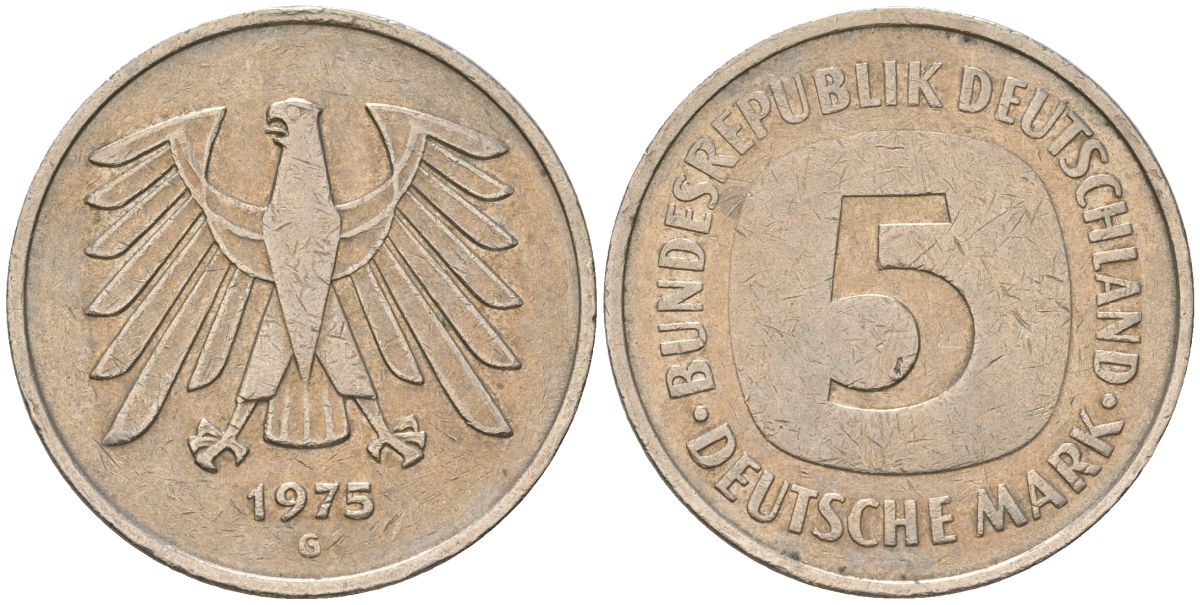 ФРГ 5 марок 1975 G KM 140.1 медно-никель 4557-441