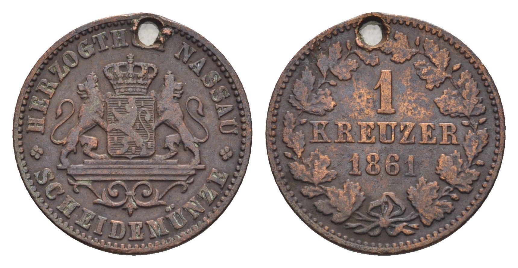 Нассау 1 крейцер 1861 Герцог Адольф (1839-1866) KM 74 медь 4548-236