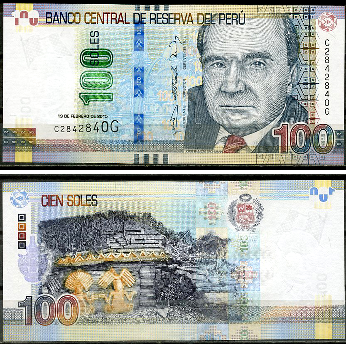 Перу 100 новых солей 2015 Хорхе Басадре Громанн, Гран-Пахатен Pick 195 a  бумага  UNC (пресс) 451-59-2