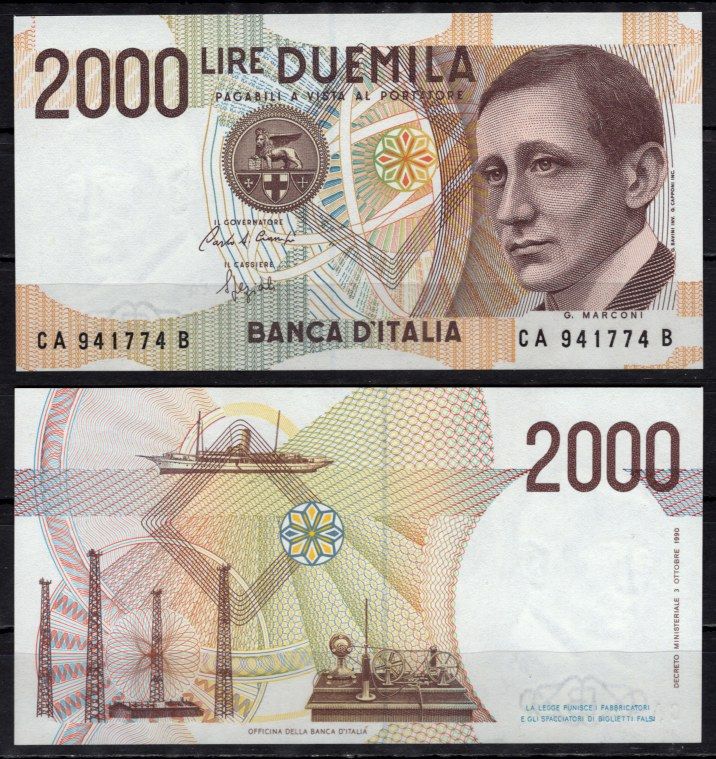 Италия 2000 лир 1990 Pick 115 бумага 2195-21-3-2