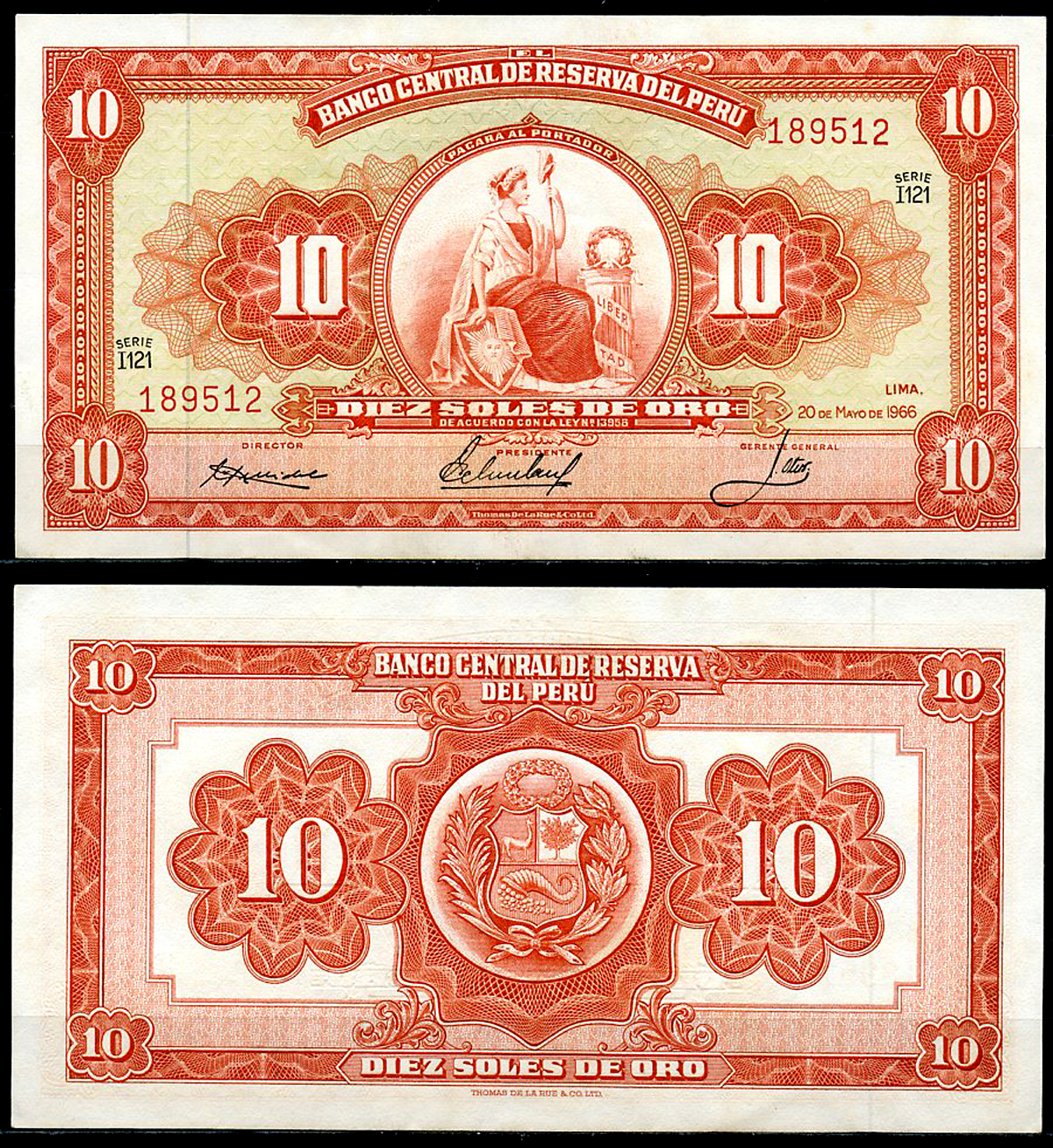 Перу 10 солей 1966 сидящая свобода, Thomas de la Rue Pick 84 a  бумага  аUNC 444-143-1-2