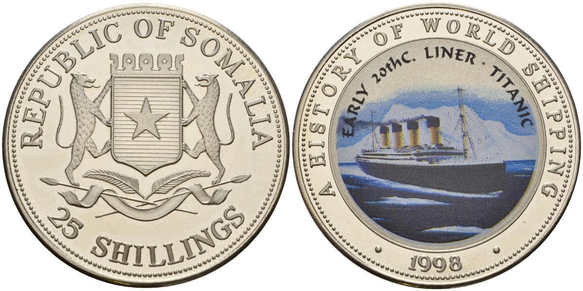 Сомали 25 шиллингов 1998 история мирового судоходства, Титаник (RMS Titanic) KM 55 медно-никель PROOF 11-204-14