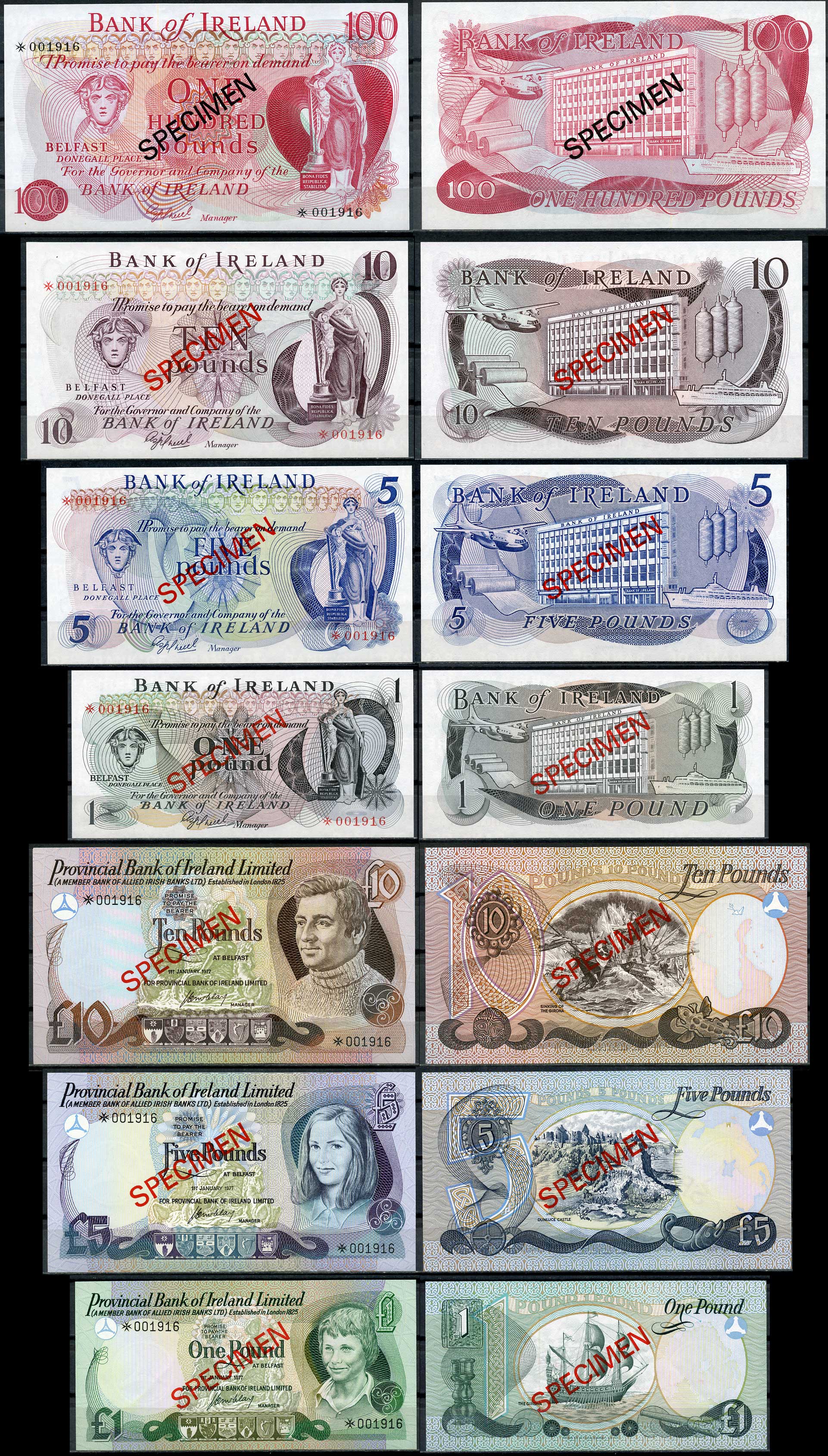 Северная Ирландия 1, 1, 5, 5, 10, 10 и 100 фунтов ND (1974-1978) образец, Specimen, № 001916 Pick 61 s, 62 s, 63 s, 64 s, 247 s, 248 s, 249 s  бумага  UNC (пресс) 451-268-1