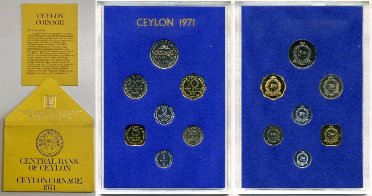 Цейлон набор из 7 монет 1971 1, 2, 5, 10, 25, 50 центов, 1 рупия, в конверте, с сертификатом KM 127, 128, 129, 130, 131, 132, 133 алюминий, медно-никель, латунь PROOF 00-00