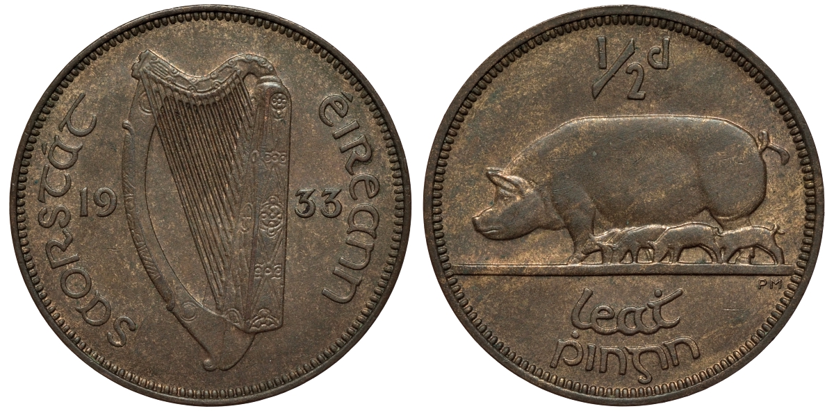 Ирландия 1/2 пенни 1933 свинья с поросятами KM 2 бронза aUNC 441-135