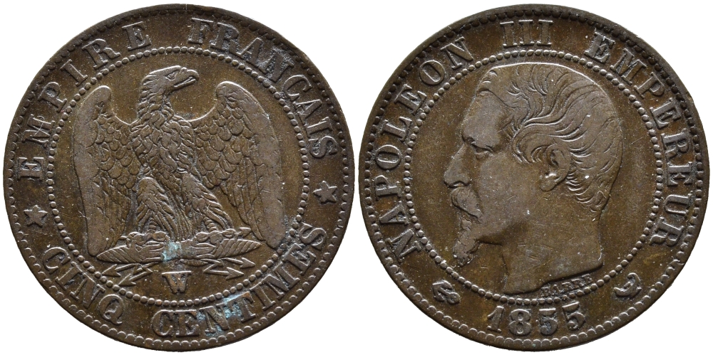 ФРАНЦИЯ 5 САНТИМОВ 1855 W, НАПОЛЕОН III (1852-1870) KM 777.7, LA FRANC 116.29 бронза 4393-1234