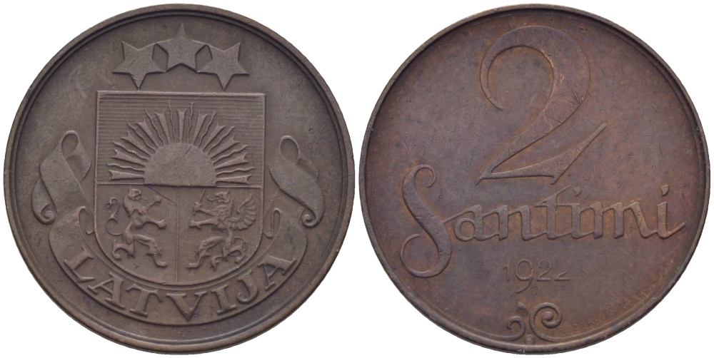 ЛАТВИЯ 2 САНТИМА 1922 ПЕРВАЯ РЕСПУБЛИКА (1918-1939) KM 2 бронза 08-1343