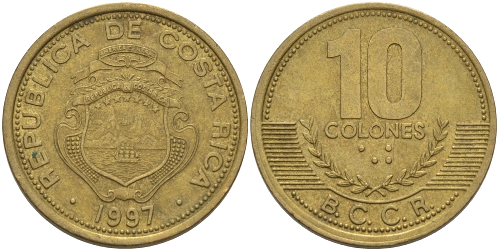 КОСТА-РИКА 10 КОЛОН 1997 а KM 228а латунь 67-1012