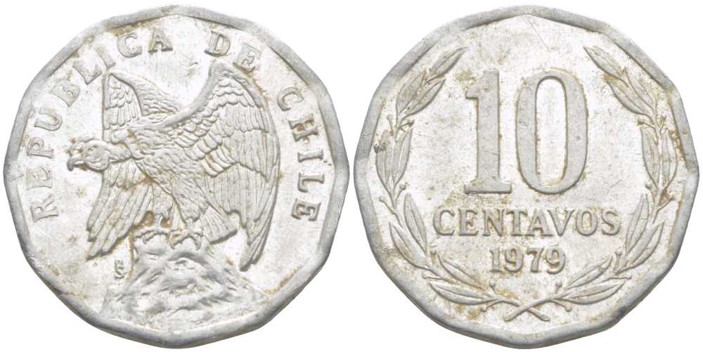 Чили 10 сентаво 1979 KM 205a алюминий 4402-441