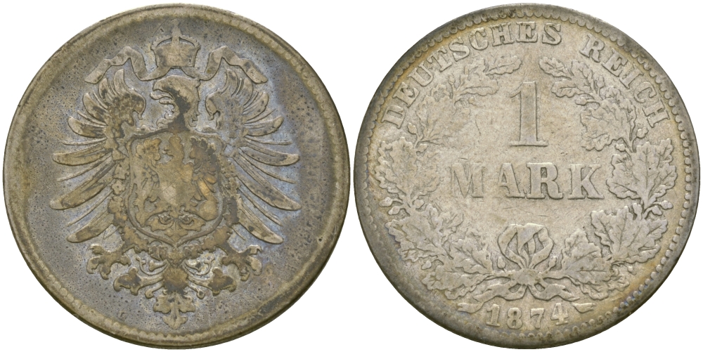 Германия 1 марка 1874 G Weege 17, J. 9, KM 7 серебро 98-1241