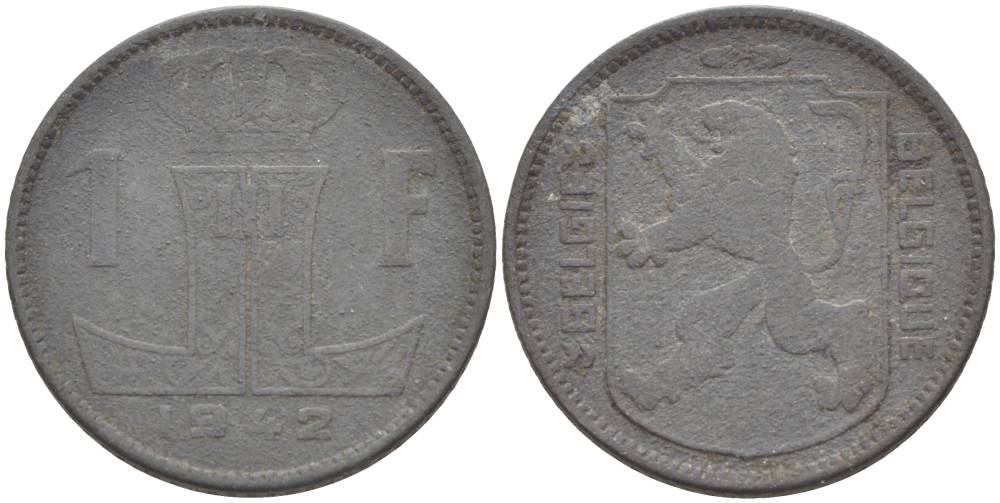 БЕЛЬГИЯ 1 ФРАНК 1942 BELGIE-BELGIQUE KM 128 цинк 4546-236