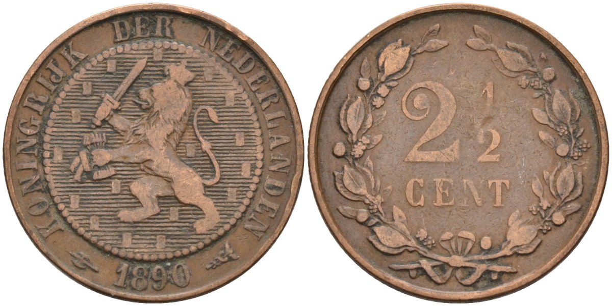 Нидерланды 2 1/2 цента 1890 Виллем III (1849-1890) KM 108 бронза 4575-924