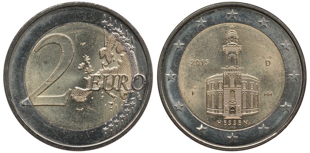 ФРГ 2 ЕВРО 2015 F, ГЕССЕН, ЦЕРКОВЬ СВЯТОГО ПАВЛА ВО ФРАНКФУРТЕ-НА-МАЙНЕ, СЕРИЯ ФЕДЕРАЛЬНЫЕ ЗЕМЛИ ГЕРМАНИИ KM NEW биметалл 4380-436