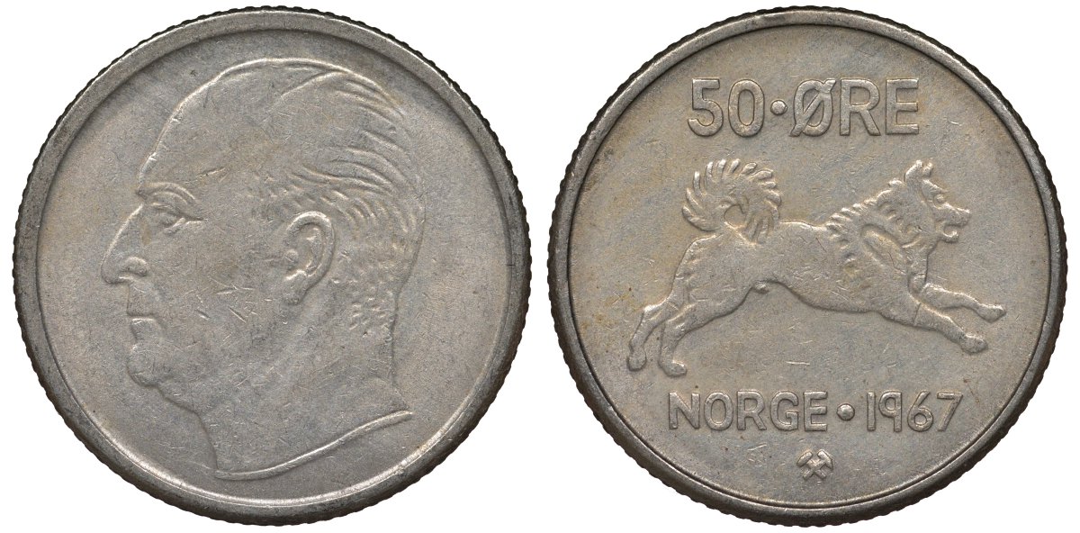 Норвегия 50 эре 1967 Улаф V (1957-1991), собака KM 408 медно-никель 4128-1134