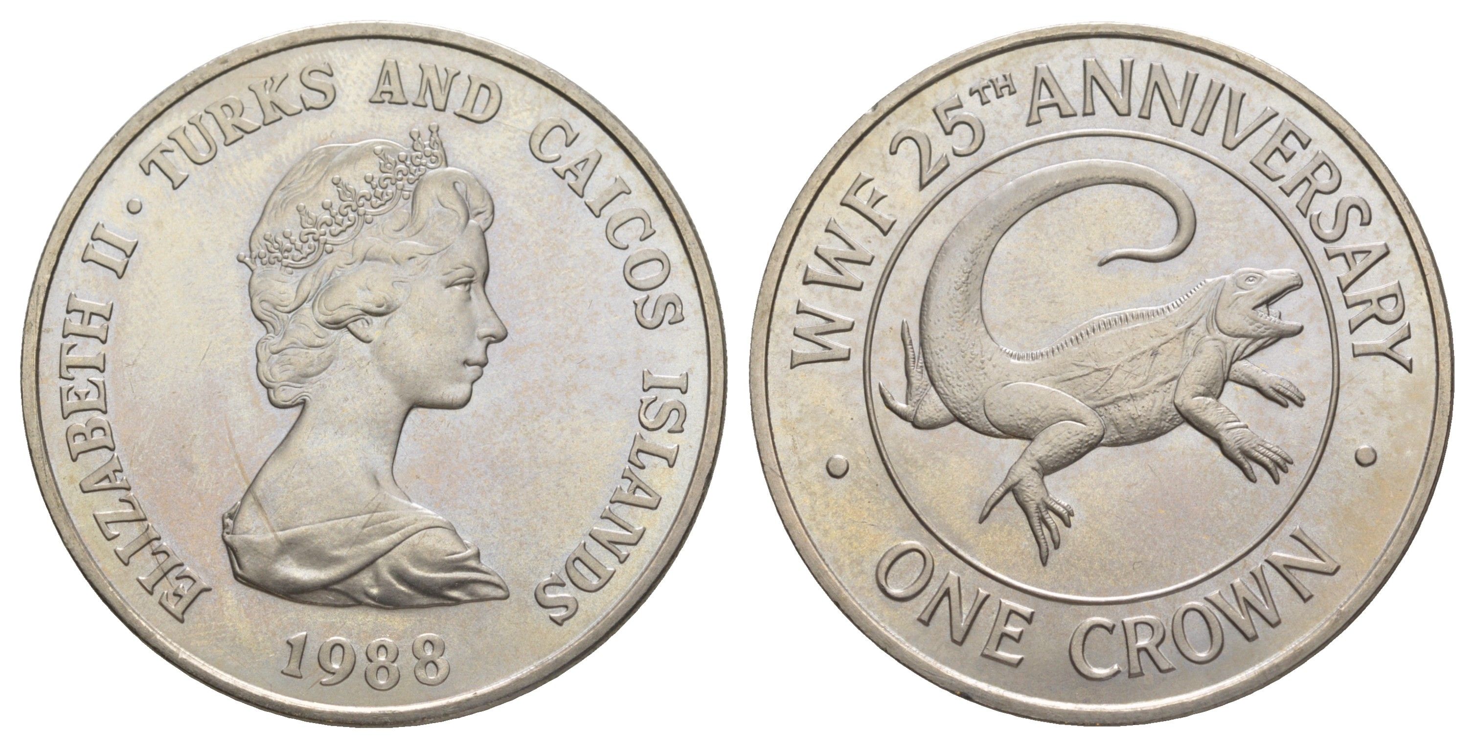 Теркс и Кайкос 1 крона 1988 серия 25 лет защиты окружающей среды, игуана KM 64 медно-никель UNC 4368-821