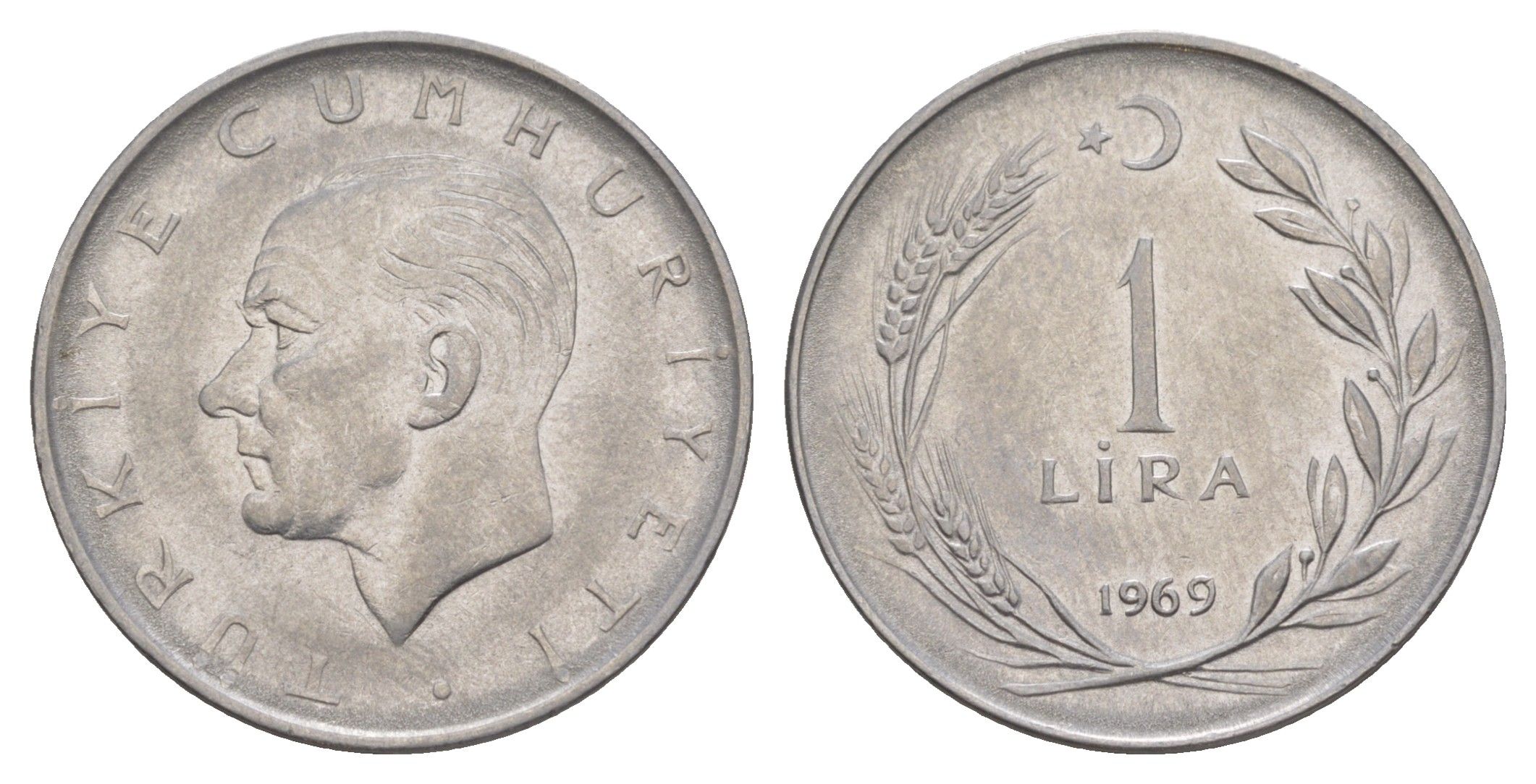 Турция 1 лира 1969 KM 889a.2 нержавеющая сталь 4577-653