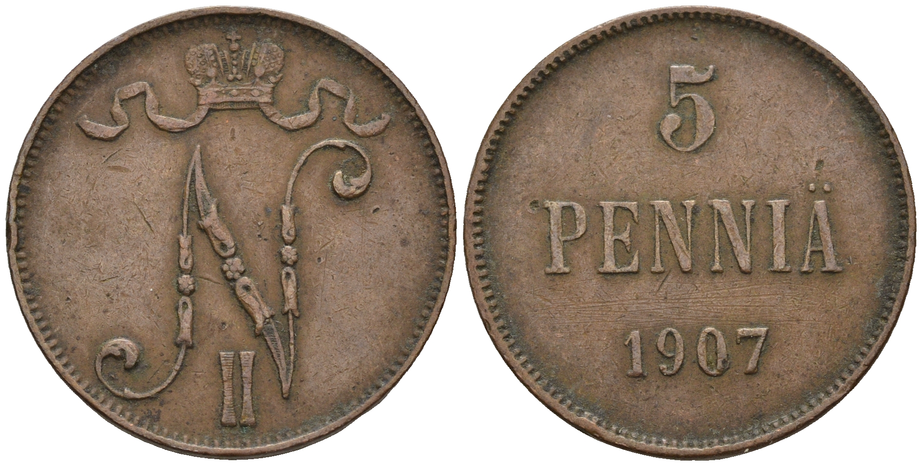 Россия для Финляндии 5 пенни 1907 Николай II (1894-1917) KM 15, Биткин 448 медь 259-1136