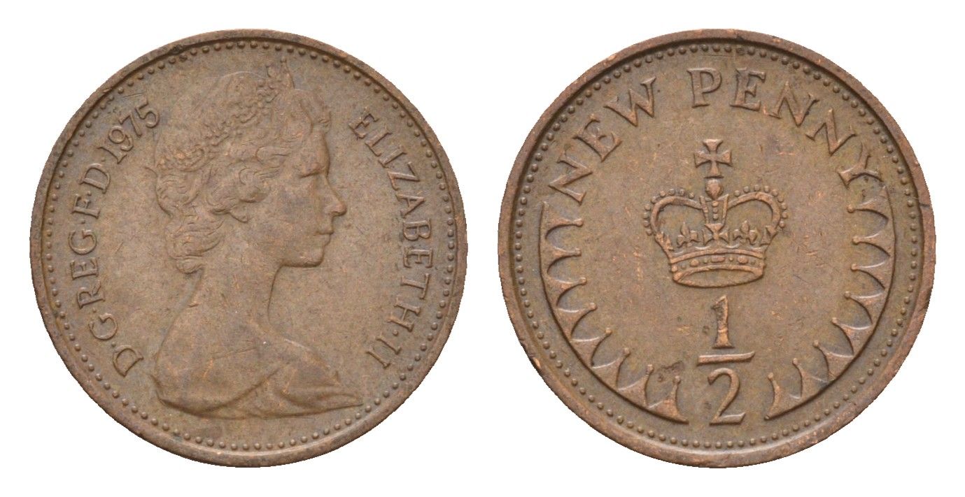 Великобритания 1/2 пенни 1975 Елизавета II (1952-2022) KM 914, Spink 4239 бронза 4697-915