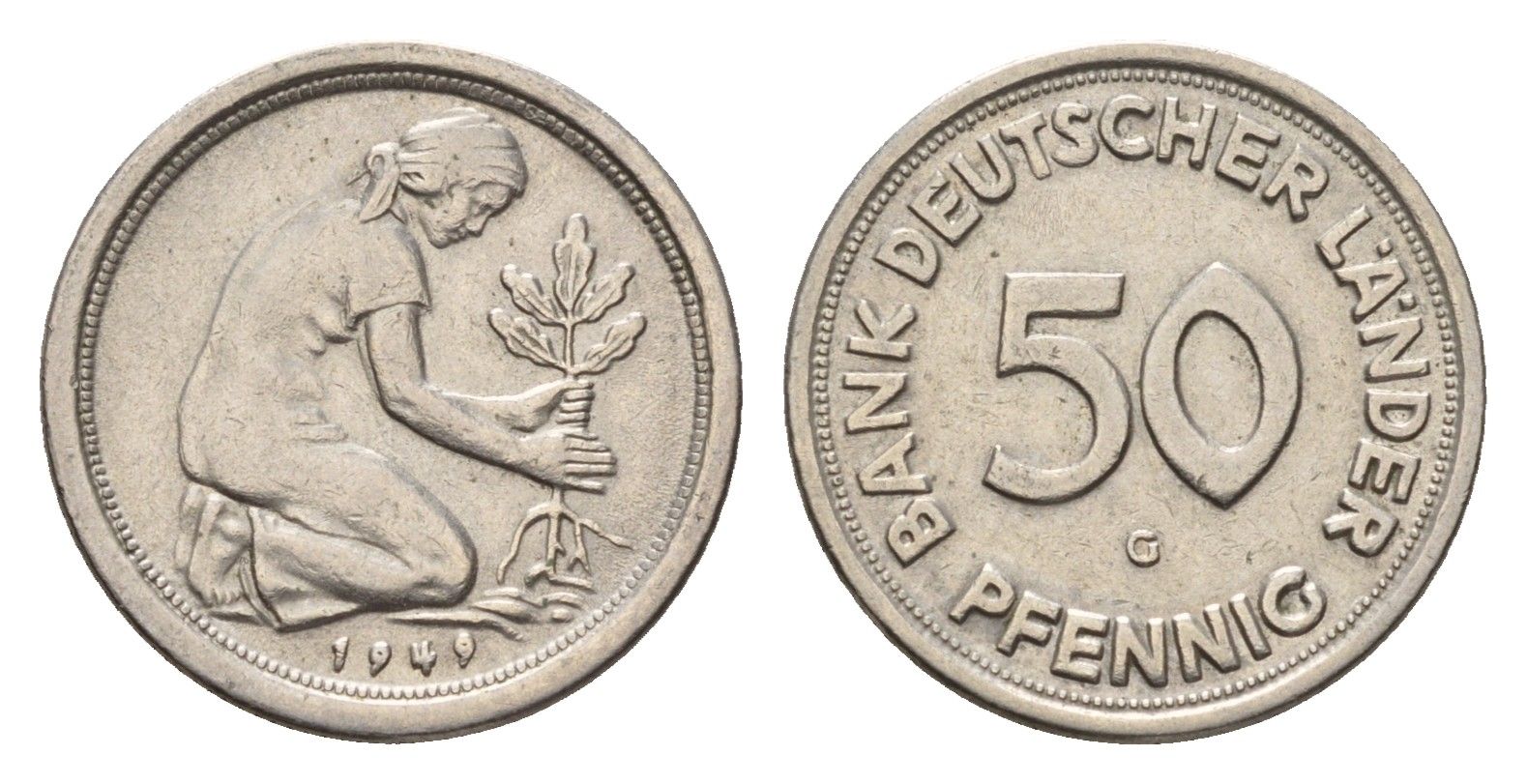 ФРГ 50 пфеннигов 1949 G KM 104, J. 379 медно-никель 4630-534