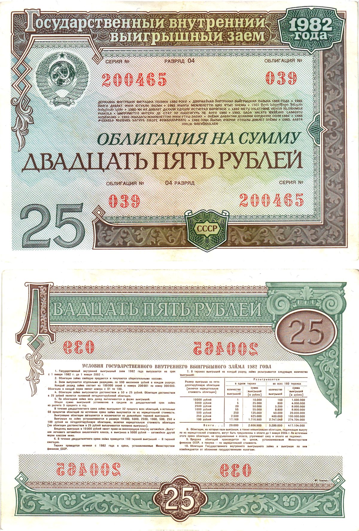 СССР облигация в 25 рублей 1982 государственный внутренний выигрышный заем, разряд 04   бумага   8609-40-1-2