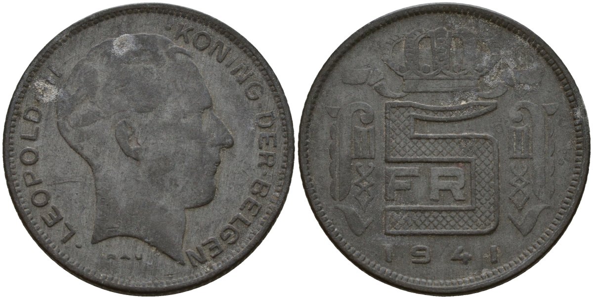 Бельгия 5 франков 1941 DES BELGEN, Леопольд III (1934-1947) KM 129 цинк 4161-924