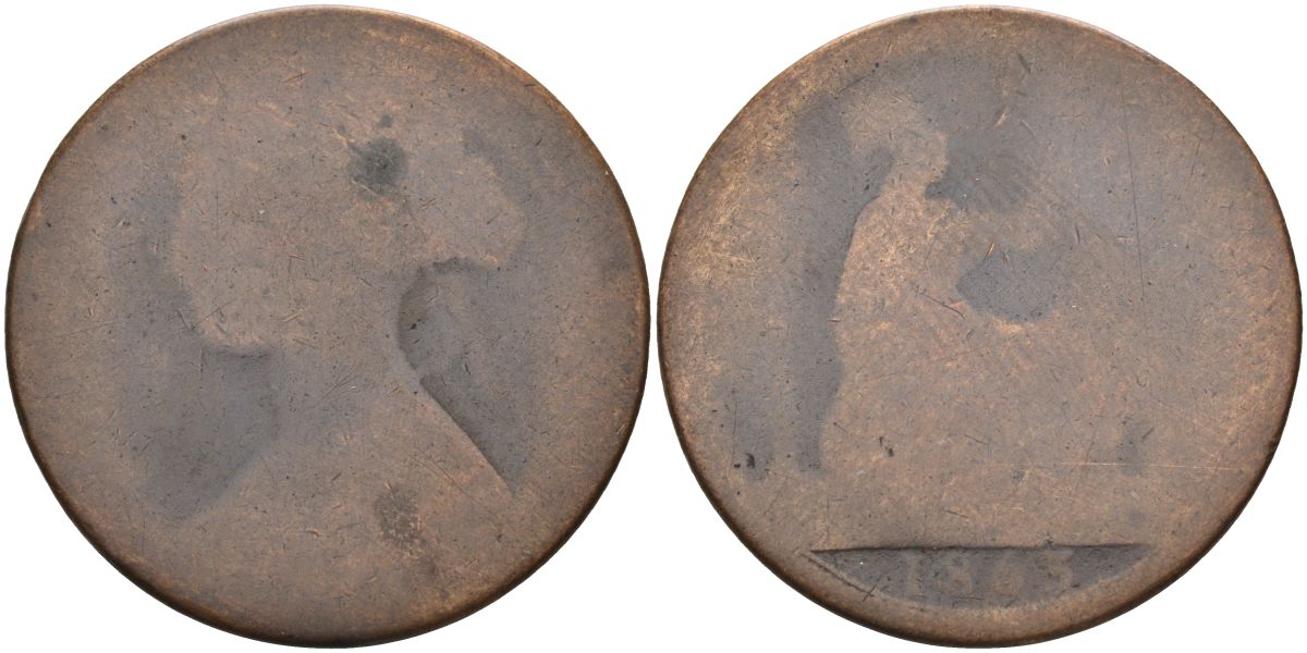 Великобритания 1 пенни 1865 Виктория (1837-1901) KM 749.2, Spink 3954 бронза 4117-712