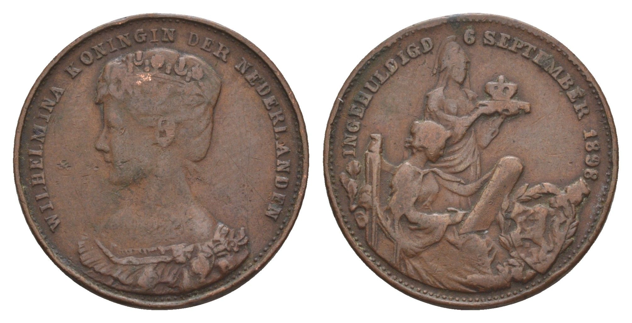 Нидерланды медаль "Коронация Вильгельмины " 1898 Коронация Вильгельмины 6 сентября 1898 года на престол Нидерландов, диаметр 25,4 мм, вес 6,45 гр медь 1515-1734