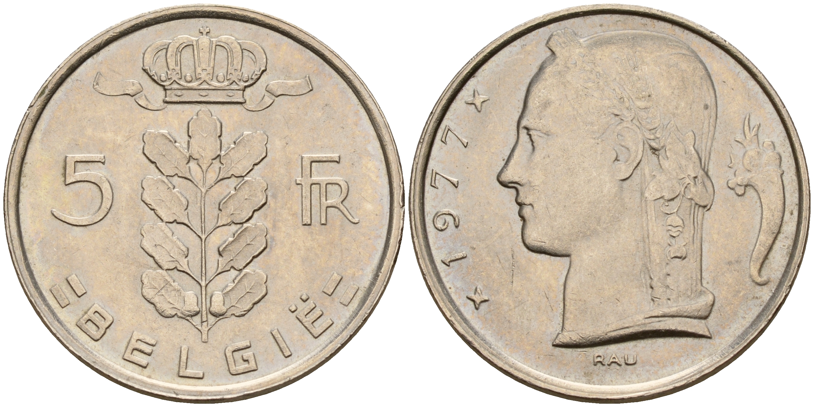 Бельгия 5 франков 1977 Belgie KM 135.1 медно-никель  UNC  4187-322