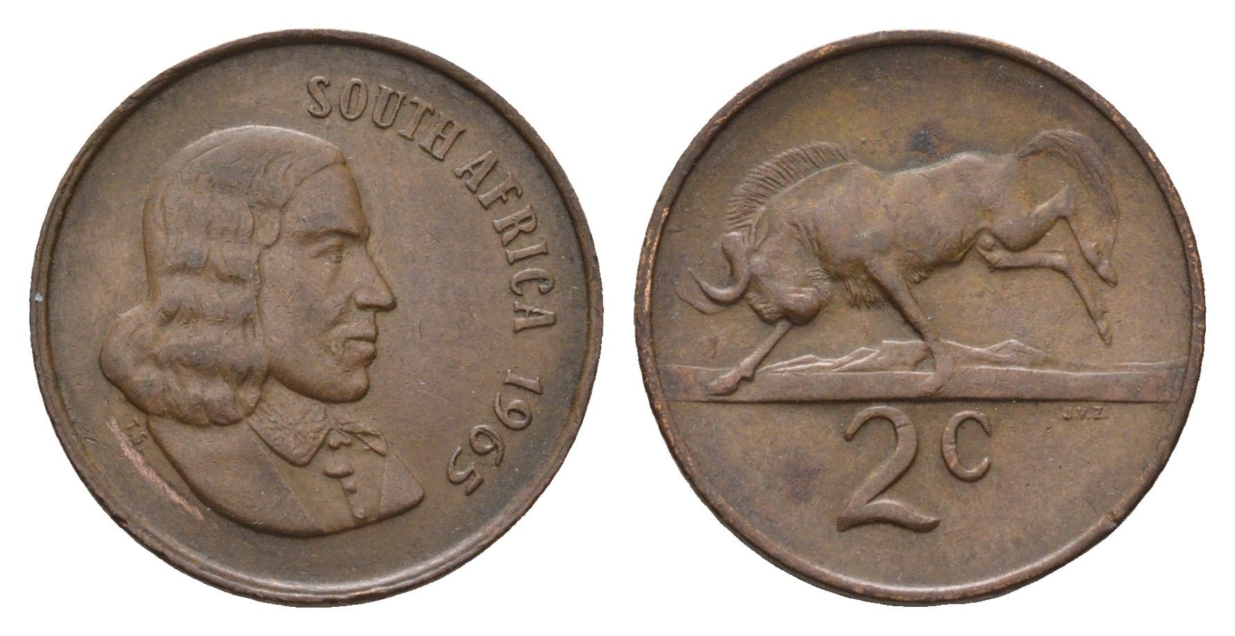 ЮАР 2 цента 1965 Ян ван Рибек (1619-1677), South Africa, легенда на английском, антилопа KM 66.1 бронза 4693-545