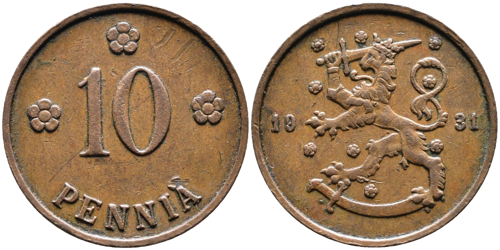 Финляндия 10 пенни 1931 республика (1918-1962) KM 24 медь 4388-855