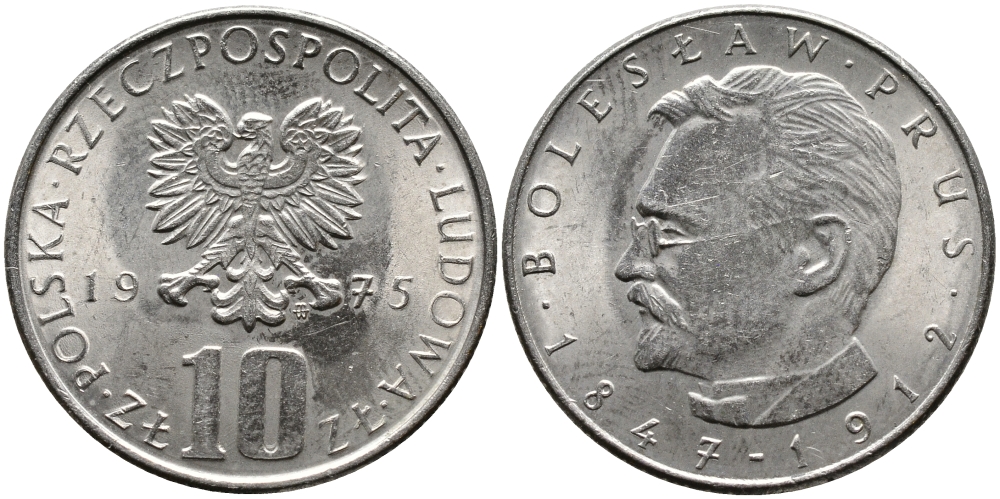 Польша 10 злотых 1975 MW, Болеслав Прус KM 73, Parchimowicz 242a медно-никель UNC 441-831