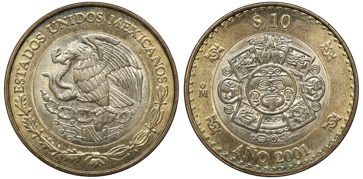 Мексика 10 песо 2001 Мо, бог Тонатиу - бог солнца, смена тысечелетий KM 636 биметалл 4367-1112