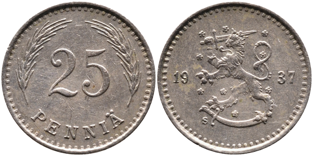 ФИНЛЯНДИЯ 25 ПЕННИ 1937 S KM 25 медно-никель 4387-463