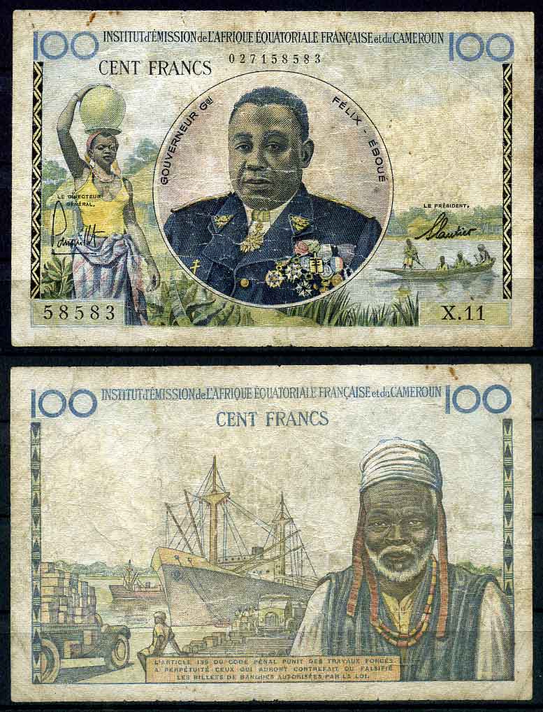Французская Экваториальная Африка, Французский Камерун 100 франков 1957 генерал Феликс Эбуэ Pick 32 бумага  00-00
