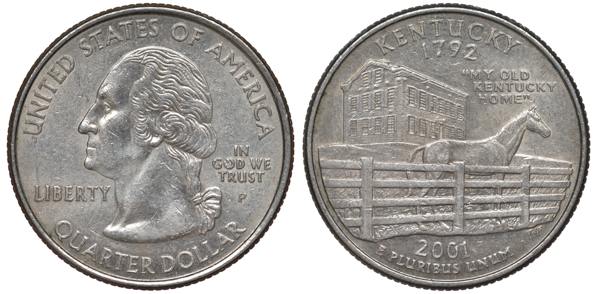 США 25 центов = квотер 2001 Р, серия штаты США, Кентукки KM 322 медь плакированная медно-никелем 4539-243