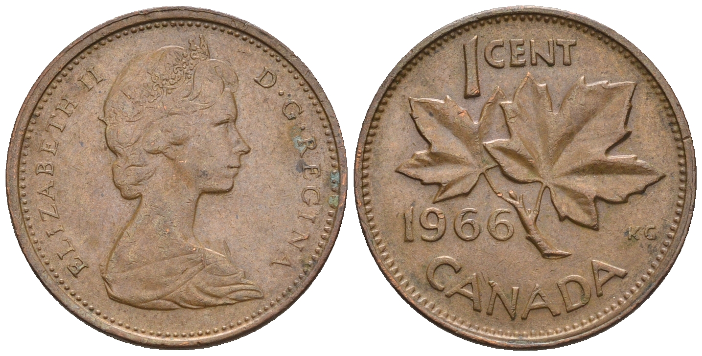 Канада 1 цент 1966 Елизавета II (1952-2022), кленовый лист KM 59.1 бронза 4609-128