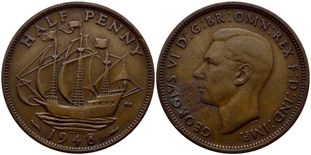Великобритания 1/2 пенни 1948 Георг VI (1936-1952) KM 844, Spink 4115 бронза 23-1411