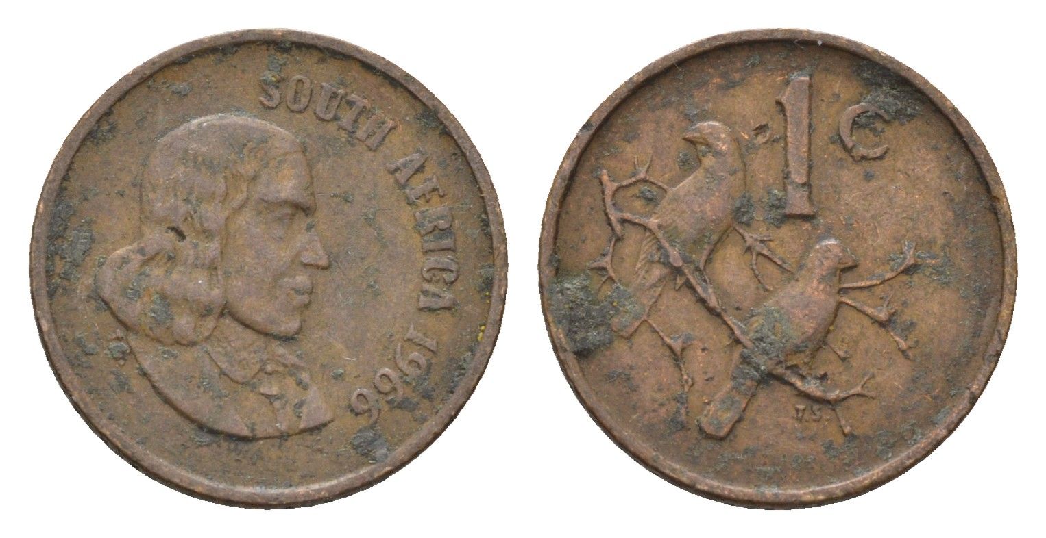 ЮАР 1 цент 1966 Ян ван Рибек (1619-1677), South Africa, легенда на английском, капские воробьи KM 65.1 бронза 4669-1222