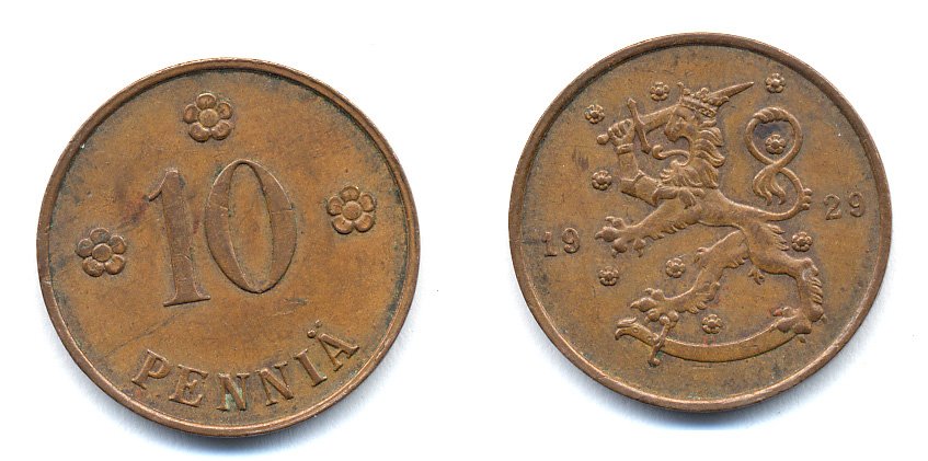 Финляндия 10 пенни 1929 республика (1918-1962) KM 24 медь 46-1646