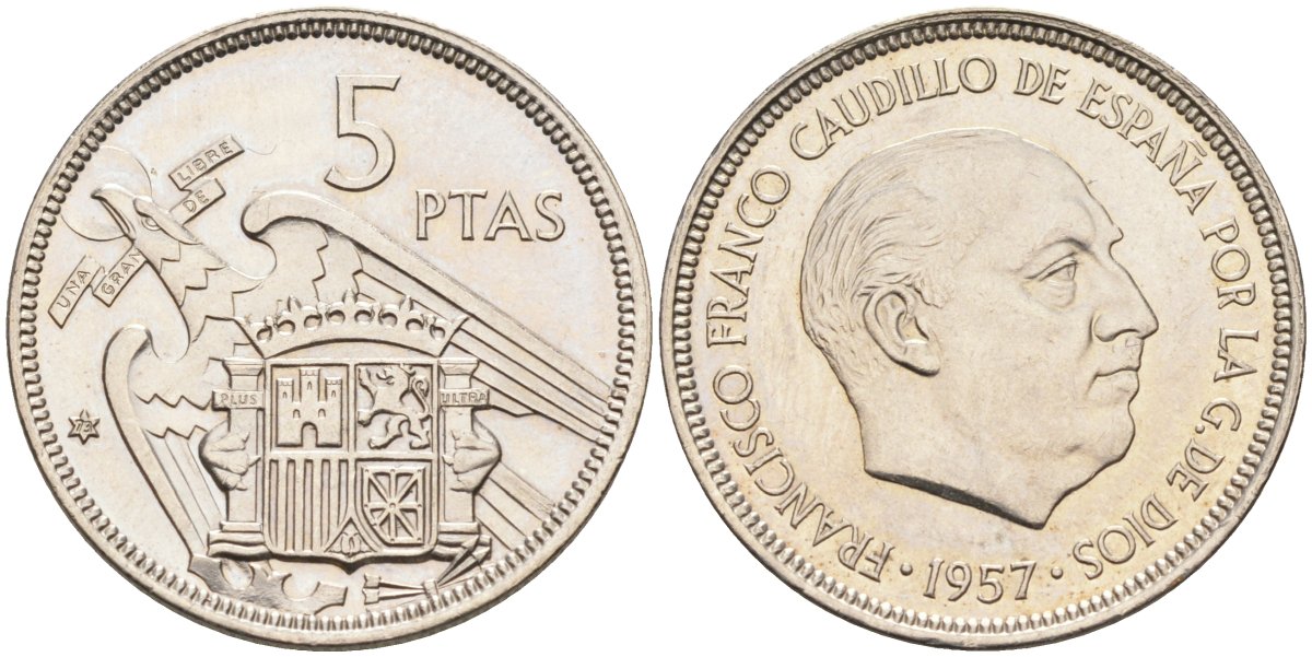 Испания 5 песет 1957(73) Франциско Франко (1939-1975) KM 786 медно-никель UNC 4583-1136