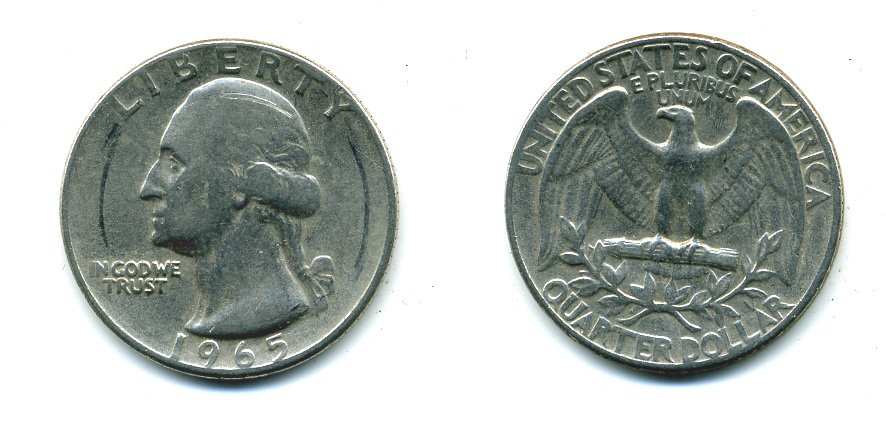 США 25 центов (квотер) 1965 Вашингтон KM 164а медь плакированная медно-никелем 46-1457